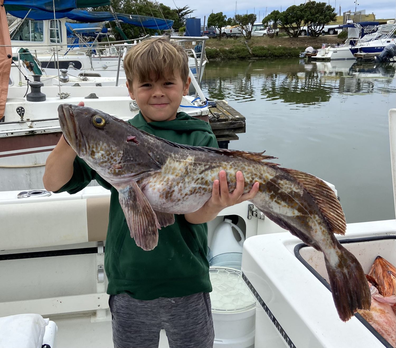 Young angler with a lingcod aboard Last Meal Sportfishing